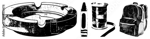 Black and white halftone illustrations of smoking accessory, art supply, sewing material, and school gear, rendered in vector style with textured shading and clean.