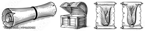 Antique parchment scrolls with intricate designs, wooden treasure chest, historical artifacts, engraved, retro illustration, art.