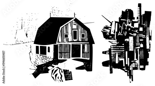 Rural barn house with stone foundation and wooden siding, paired with abstract industrial machine, halftone texture, vector silhouette, isolated graphic.