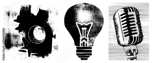 Retro film camera, classic lightbulb, vintage microphone, black and white halftone vector, creative symbols, studio equipment, artistic design elements.