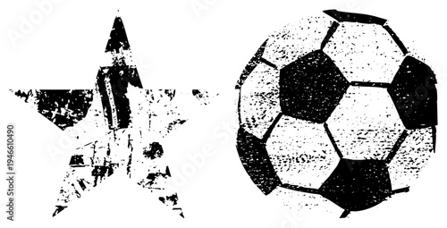 Black and white star symbol and soccer ball, grunge style vector graphics, sport, vintage athletic design, stencil art.