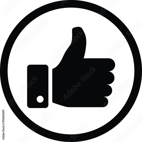 Simple black thumbs up icon inside a circular border representing approval and positivity. Isolated on white