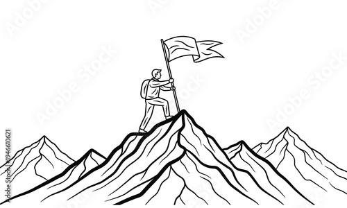 Hiker plants flag on mountain summit symbolizing achievement and success