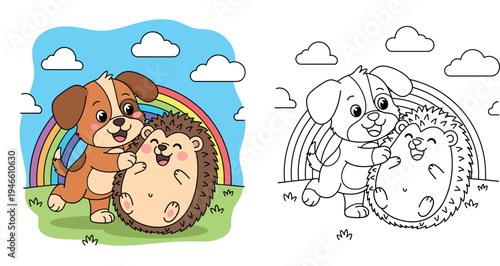 Happy brown puppy and hedgehog friends hugging in nature with rainbow background, funny animal friendship vector illustration for kids, cute cartoon character design