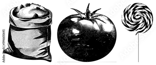 Classic halftone print style depicting sack of flour, ripe tomato, and swirl lollipop, rendered in with dot, ideal for retro design or food illustration.
