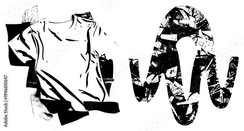 Artistic black and white vector forms with scratchy texture, stylized geometric shapes, graphic design elements, bold contrast composition.