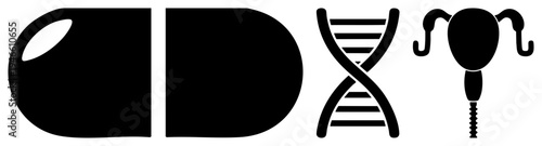 Medical symbols eye, DNA helix, uterus with fallopian tubes, vector glyph, healthcare design, black style.