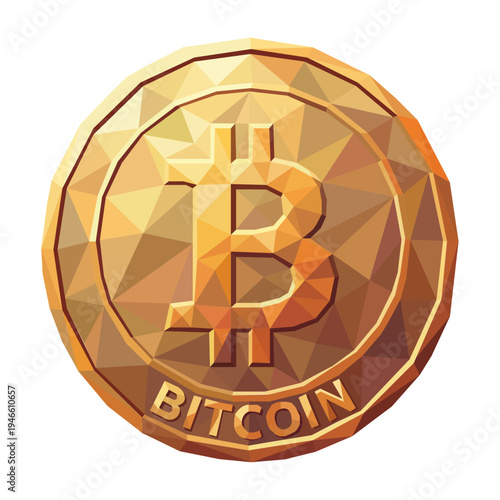 Digital Cryptocurrency Bitcoin Coin Icon in Golden Color with Low-Poly Design for Investment and Finance