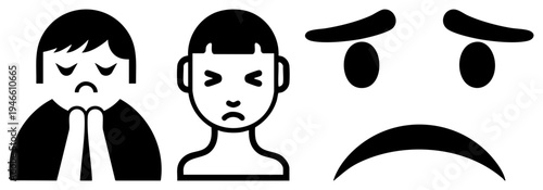 Vector showing sorrowful expressions, dejected person, frowning face, emotional distress symbols, minimalist design.