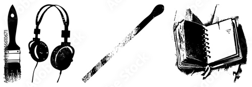 Paintbrush, headphones, pencil, sketchbook essentials for artists and creators, studio supplies, creative workflow, design tools, digital art.