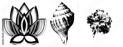 Geometric lotus flower, spiral, textured tree canopy stylized vector art with halftone shading. Symbolic nature motifs, design, graphic elements for branding or print.