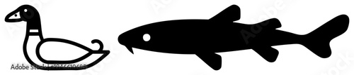 Black vector of duck and shark, minimalist animal symbols, graphic design elements, isolated foreground subjects.