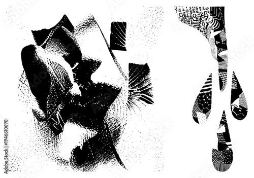 Artistic composition of fragmented shapes using halftone, abstract forms, graphic design elements, vector illustration, textures.