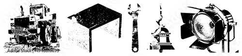 Black and white vector of tractor, cube, wrench, bell, spotlight. Industrial, mechanical, utilitarian, stylized symbols. Flat design with halftone texture.