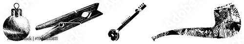 Black and white halftone illustrations of festive ornament, wooden clothespin, sitar, and smoking pipe, isolated vector graphics with textured shading and clean.