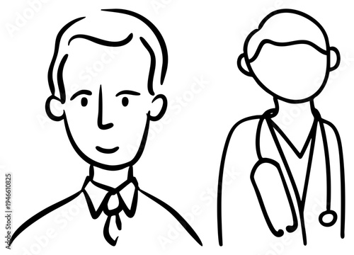 Businessman with bowtie and doctor with stethoscope, minimalist art, professional roles, stylized human, workplace personas.