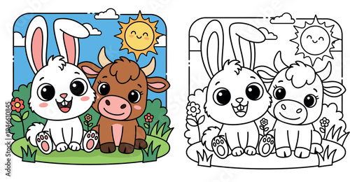 Cute cartoon white rabbit and brown calf friends sitting in green grass, happy farm animal friendship vector illustration, sunny day background with flowers for kids