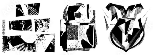Fragmented vector shapes with halftone textures, stylized graphic elements, bold black and white composition, modern art design, digital illustration.