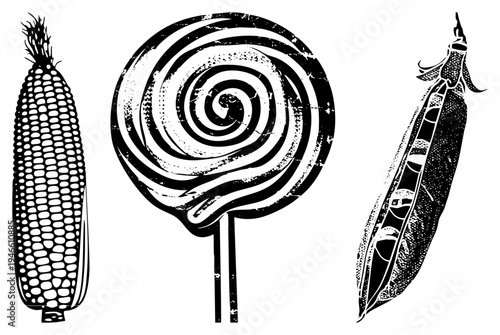 Classic black and white vector art of corn cob, spiral lollipop, and open pea pod, stylized with halftone texture and distressed ink effect.