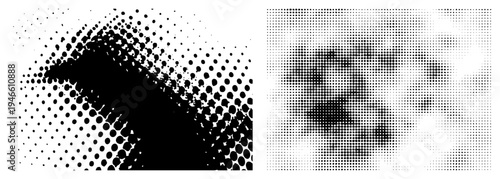Black halftone dots forming gradient shapes, graphic design element, vector art, print typography, visual texture, digital illustration.