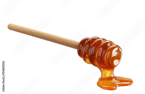 a honey drizzle dripping from a wooden stick, isolated on a white background. photorealistic, wide-angle side view.