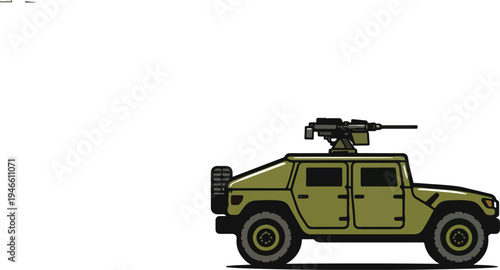 Flat vector illustration of armored military vehicle isolated on white background. Army transport truck icon representing defense, security forces, military equipment and combat transportation concept