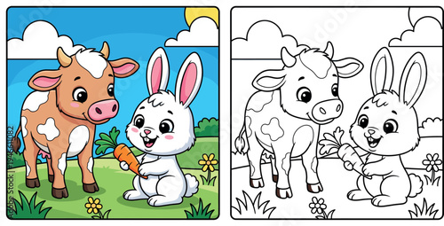 Cute cartoon brown calf and white rabbit with carrot, happy farm animal friends vector illustration, sunny meadow background for kids