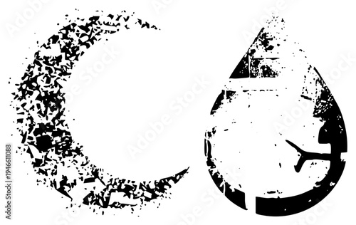 Stylized broken moon and water droplet, shattered texture design, graphic, symbolic shapes, vector art.