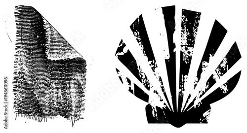 Fabric texture sample with edge and halftone shading, paired with stylized featuring distressed brushstroke effect, vector graphic elements.