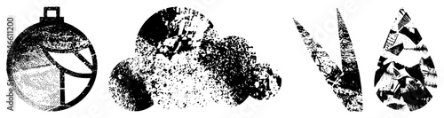 Vector graphic with halftone textures forming circular, cloud, arrow, and teardrop shapes., stylized, graphic design elements for digital use.