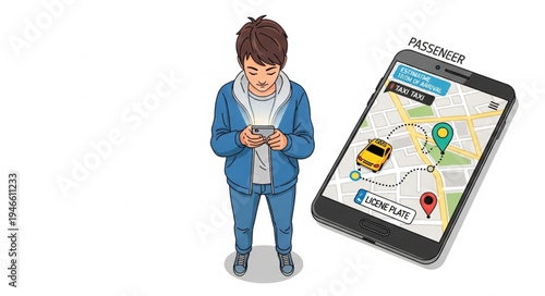 Boy using smartphone with map.