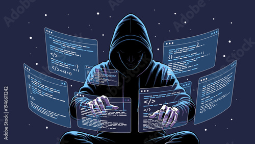 Mysterious Hacker Working On Multiple Computer Screens With Code vector illustration