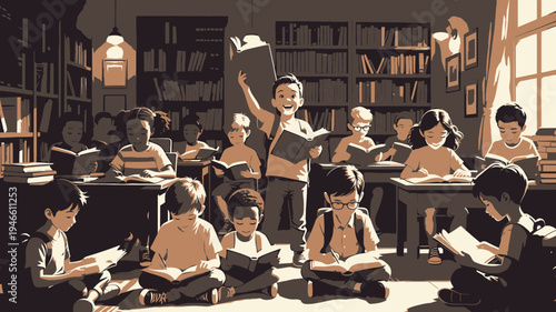 Joyful Children Reading Books In A Cozy Library vector illustration