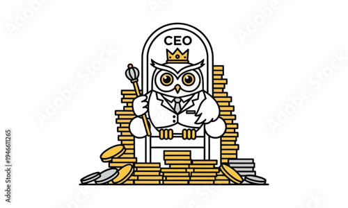 Owl ceo sitting on golden coin throne wearing crown and business suit