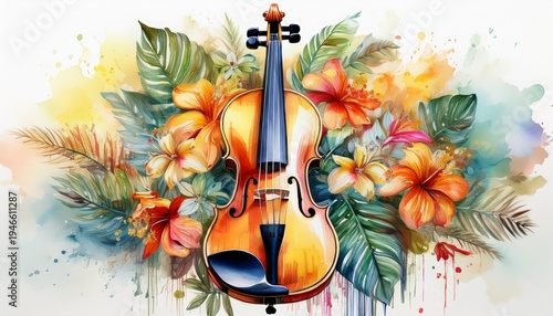 vibrant watercolor violin artwork merges classical music passion with tropical floral beauty and flowing notes