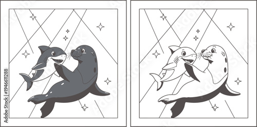 Cute cartoon blue shark and brown seal friends swimming with stars, happy ocean animal friendship vector illustration, kawaii sea lion character design for kids