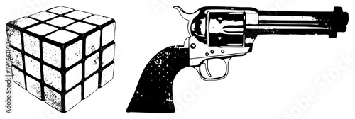 Classic revolver pistol and 3x3 ’s Cube in, stylized art, puzzle toy and firearm, isolated graphic elements.