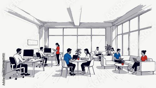 Modern Open-Plan Office Space With Diverse Professionals Working vector illustration
