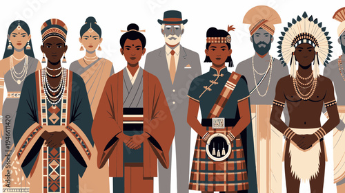 Diverse Group Of People In Traditional Cultural Attire vector illustration