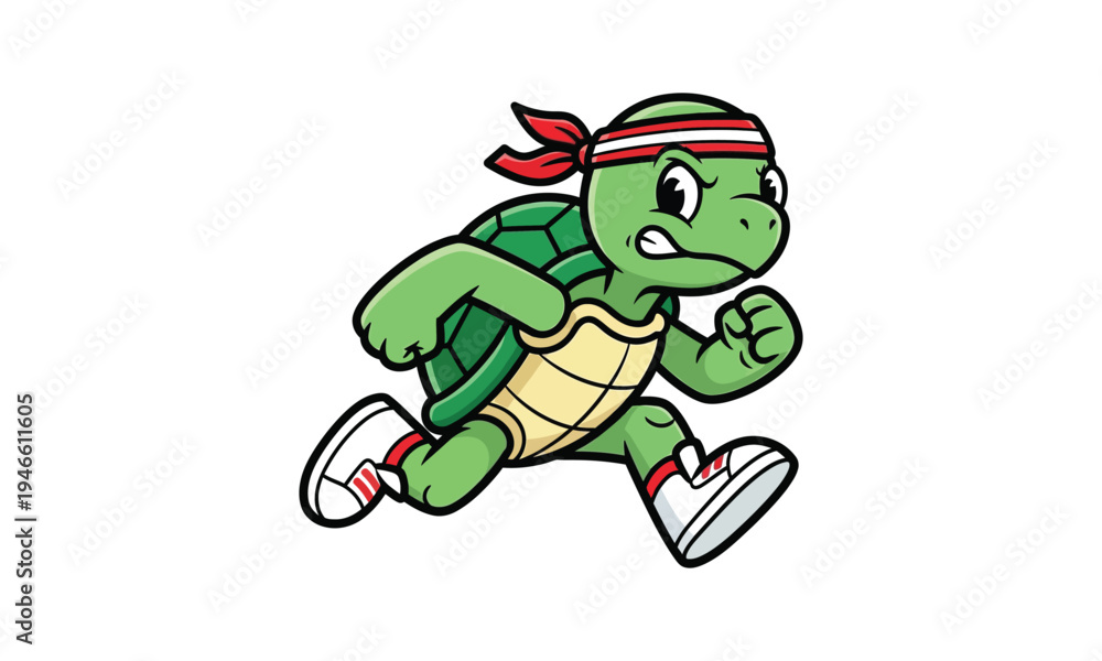 Fototapeta premium Running turtle mascot character wearing headband and sneakers vector