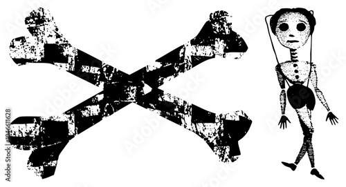 Distressed skull and symbol, eerie humanoid figure, vector design, vintage horror aesthetic, graphic illustration.