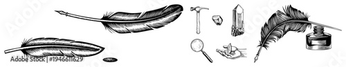 Antique writing tools including quill feather, ink bottle, magnifying glass, crystal, hammer, and hand holding, rendered in classic engraved style.