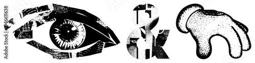 Graphic trio of eye, ampersand, and glove rendered in halftone, bold,, vector art, isolated.