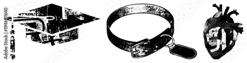 Academic cap with tassel, leather pet collar with tag, anatomical heart illustration all as isolated vector graphics with halftone texture and gritty aesthetic.