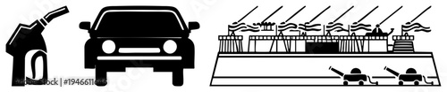 Fuel nozzle dispensing, car front silhouette, washing machine with water streams, vector, flat design, isolated symbols.