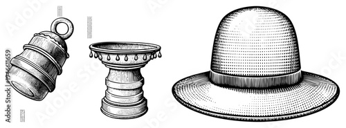Classic engraved bell, ceremonial with droplets, vintage bowler hat, detailed halftone vector illustrations, historical artifacts, isolated foreground elements.