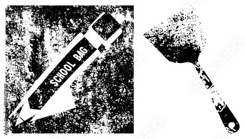 School bag labeled "SCHOOL BAG" and spatula with halftone texture, vector graphics, educational and kitchen tool symbols, distressed print style.