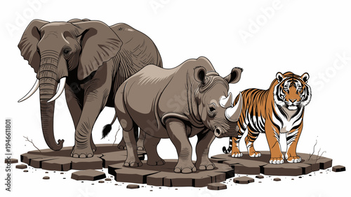 African Elephant Rhinoceros and Tiger Together on Rocky Ground vector illustration