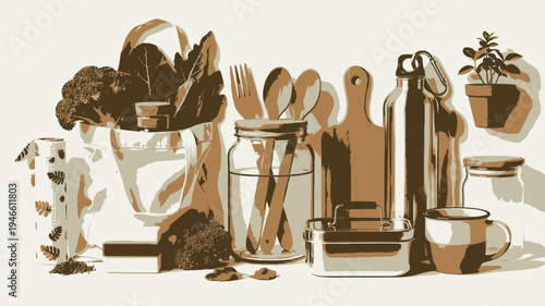 Sustainable Kitchen Still Life With Reusable Items And Fresh Produce vector illustration