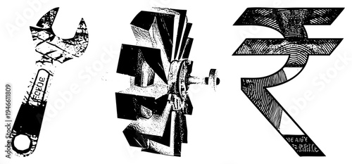 Vector illustration of Indian currency symbol, adjustable wrench, and mechanical gear with halftone textures. Industrial tools and financial. graphic design elements.